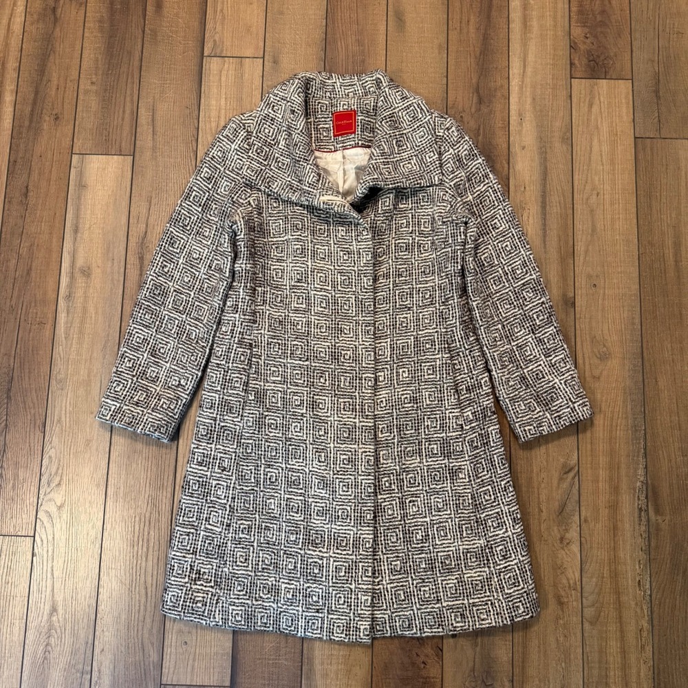 Cole Haan City Womens Wool Mohair Blend Coat Largr Brown Cream Shag Greek Key
